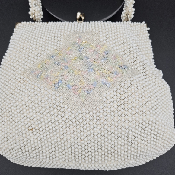Vintage Corde Beaded Bag 1950s Cream Flowers Kiss Lock MCM Mid Century Modern - Picture 2 of 10